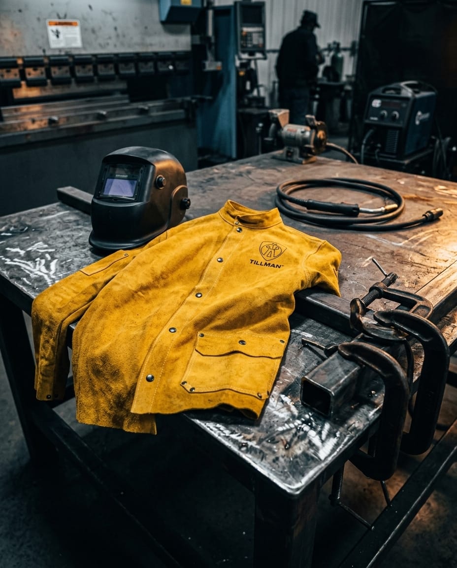 Tillman yellow leather welding jacket on a metal workbench with a welding helmet and clamps