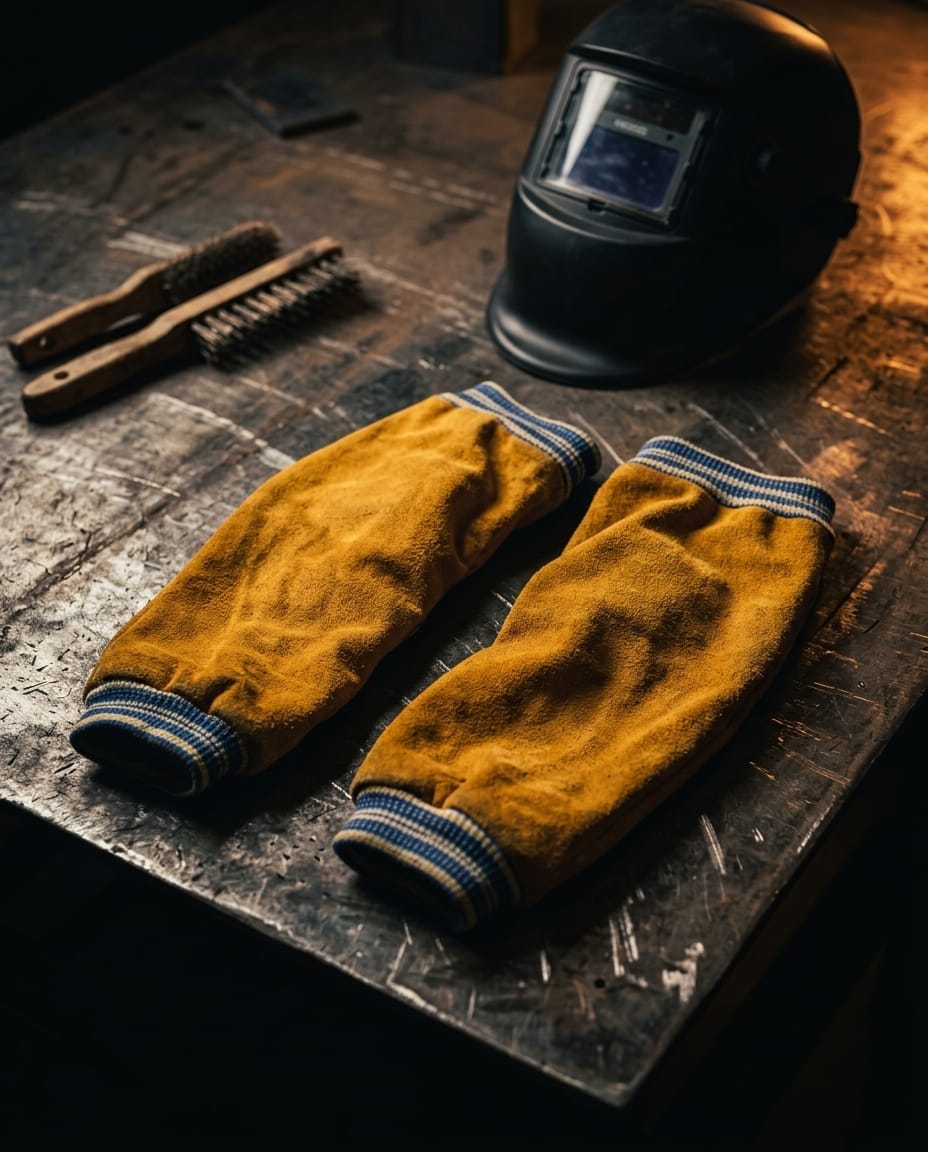 Tillman gold leather welding sleeves with striped cuffs on a workbench with a welding helmet and wire brushes