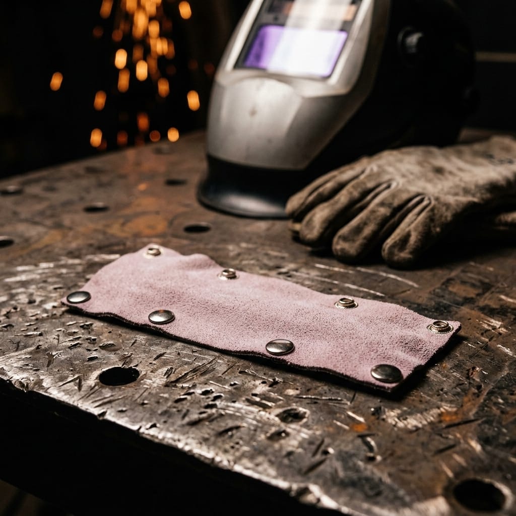 Tillman leather welding sleeve guard on a metal workbench with welding helmet and glove
