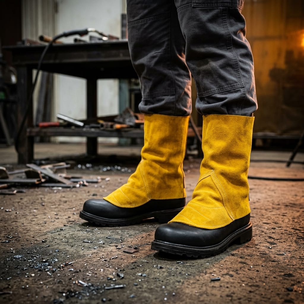 Tillman yellow leather welding boot spats worn over black work boots in a workshop