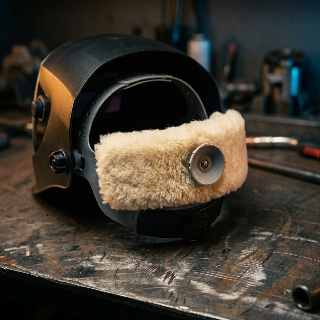 Tillman welding helmet with a sheepskin sweatband attachment on a metal workbench