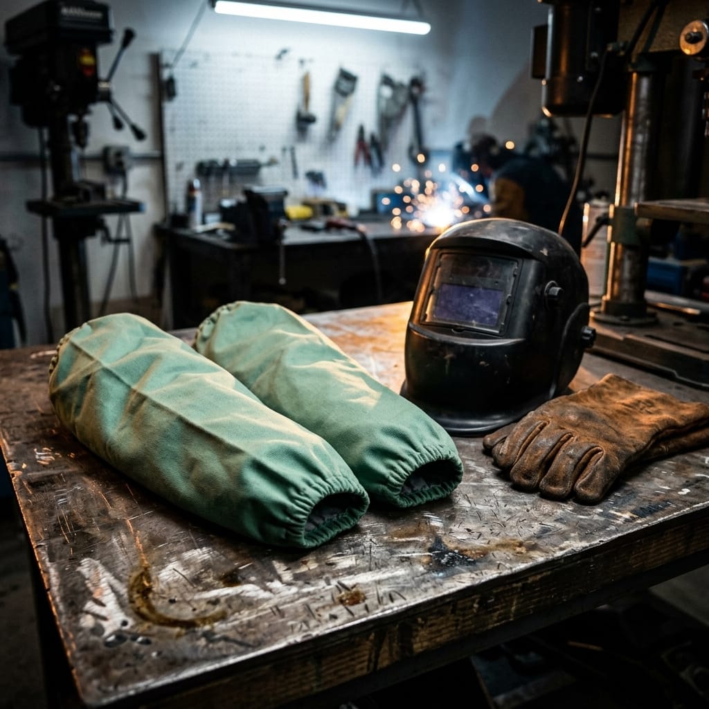 Tillman green welding sleeves with welding helmet and leather gloves on a workbench