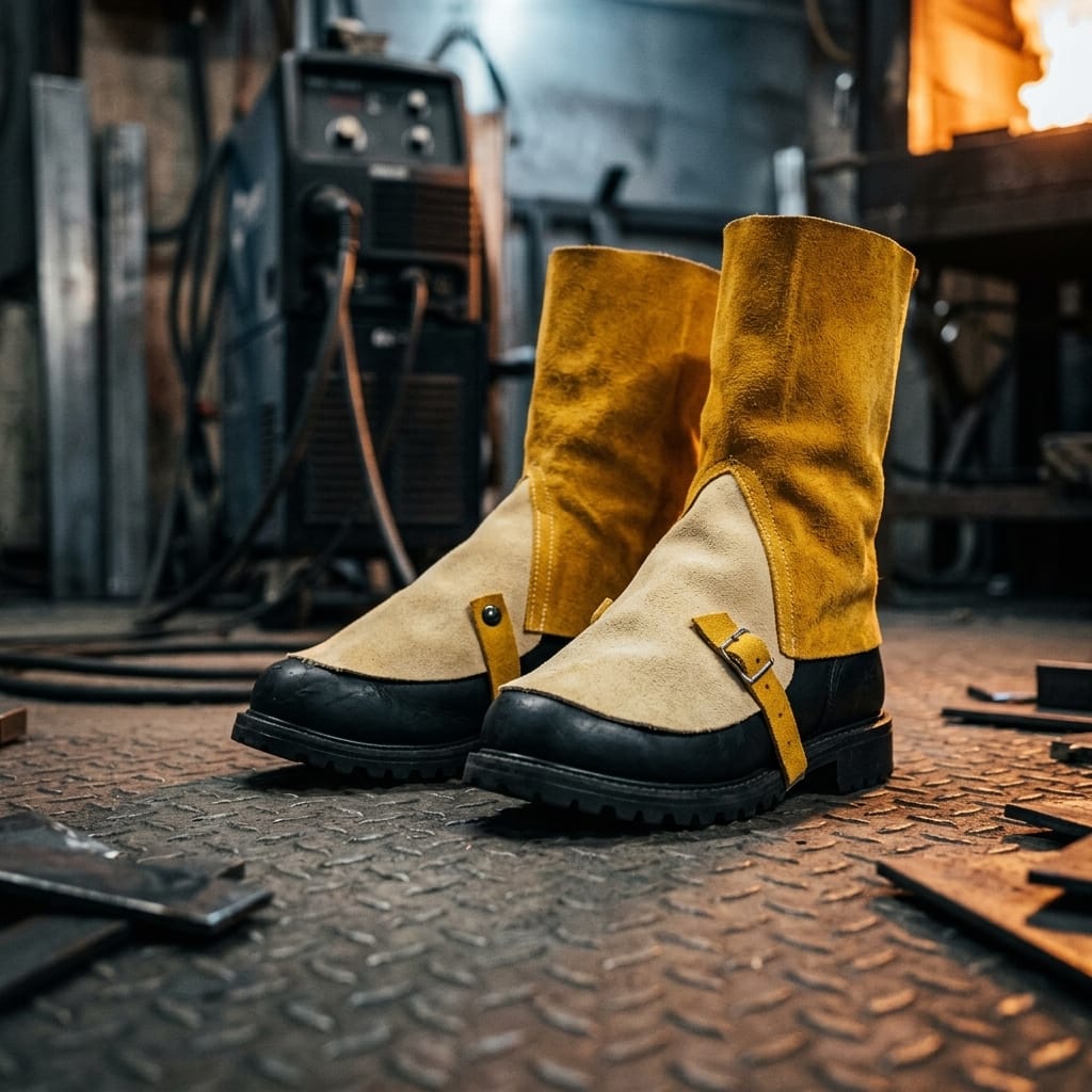 Tillman yellow and tan leather welding boot spats on work boots