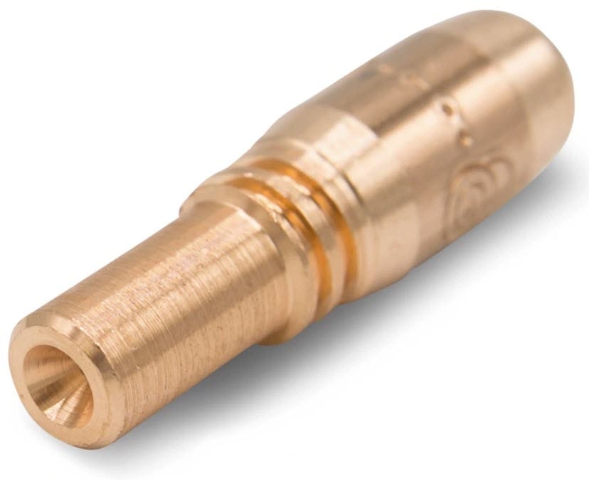 Brass welding contact tip with a cylindrical body and tapered nozzle