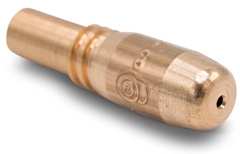 Brass welding contact tip with a central hole