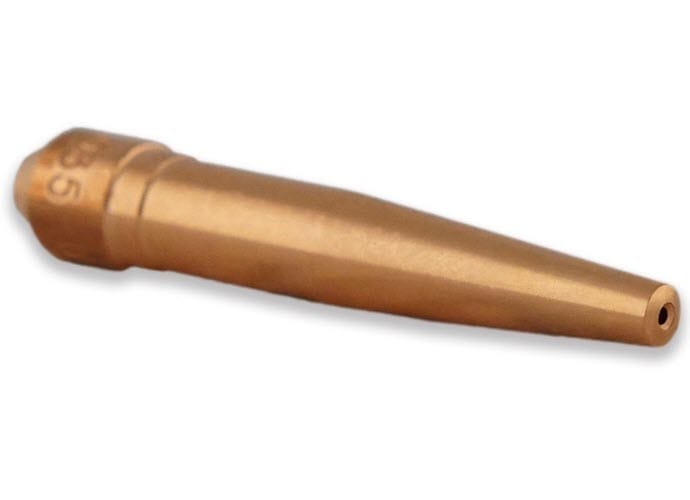 Copper welding contact tip with a tapered nozzle