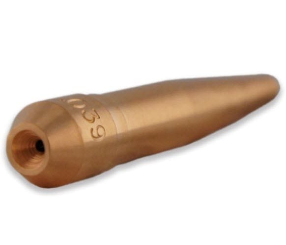 Copper welding contact tip with 039 stamped on the side