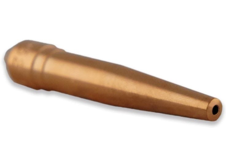 Copper welding contact tip with tapered nozzle