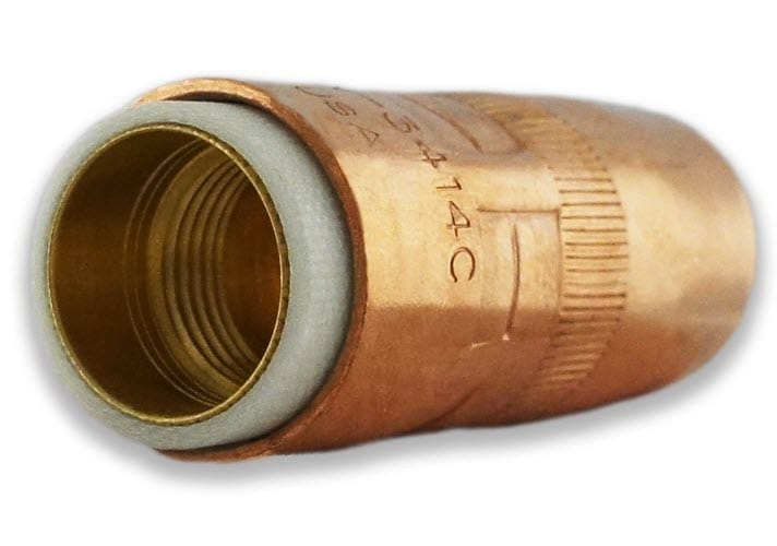 Copper welding nozzle with threaded interior and white ceramic insert