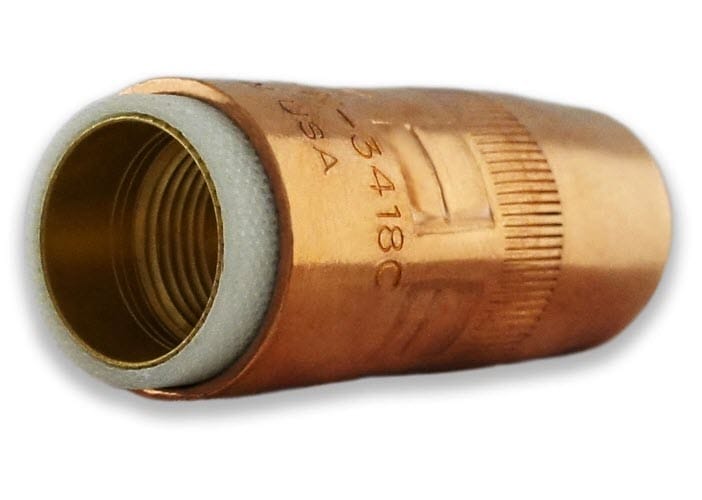Copper welding nozzle with threaded interior and white ceramic insulator