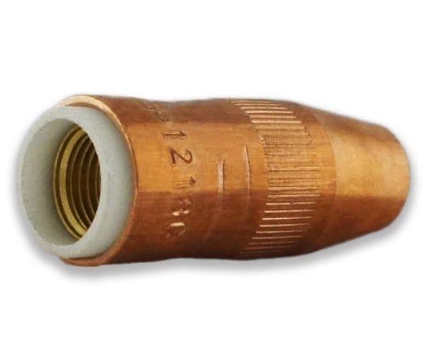 Copper welding nozzle with threaded interior and white ceramic insulator