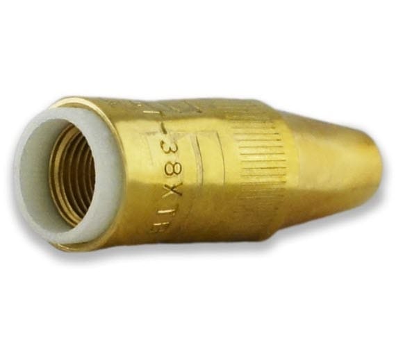 Brass threaded nozzle fitting with white plastic insert