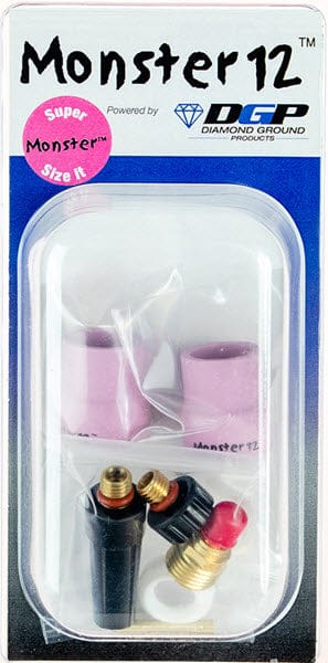 Monster 12 TIG welding nozzle kit with ceramic cups and brass collet bodies in retail packaging