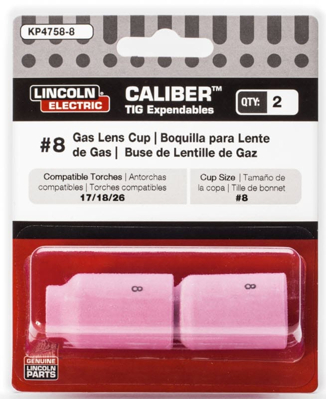 Two pink number 8 TIG gas lens cups in retail packaging