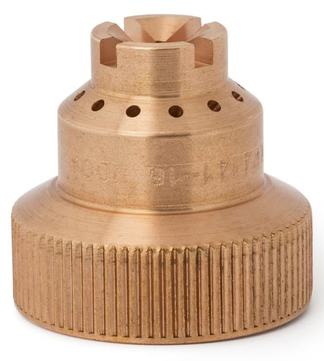Copper plasma cutting nozzle with a knurled base and circular gas ports