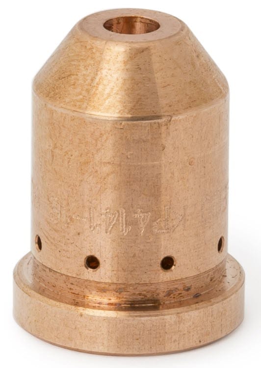 Copper plasma cutting nozzle with small circular holes around the base