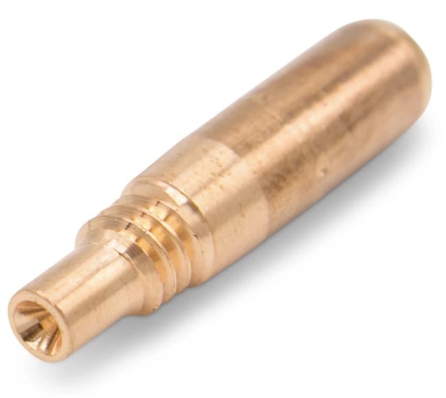 Brass welding contact tip with a tapered nozzle