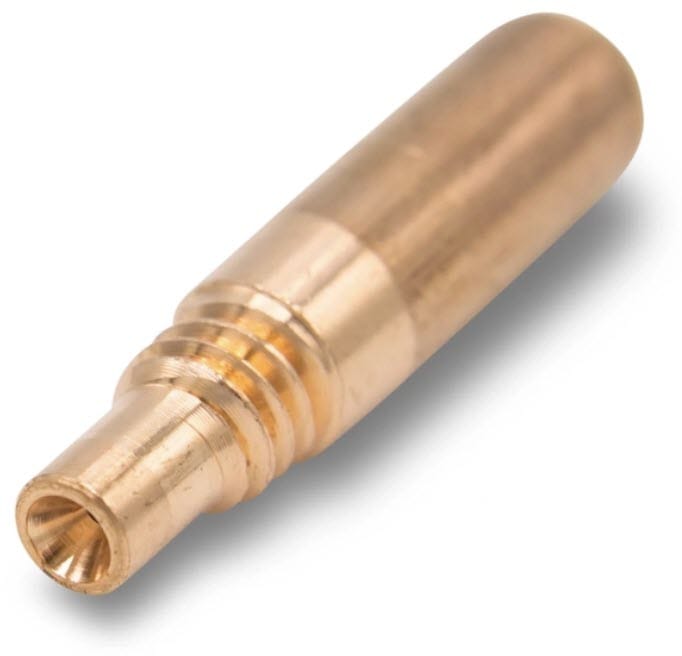 Brass welding contact tip with a tapered nozzle
