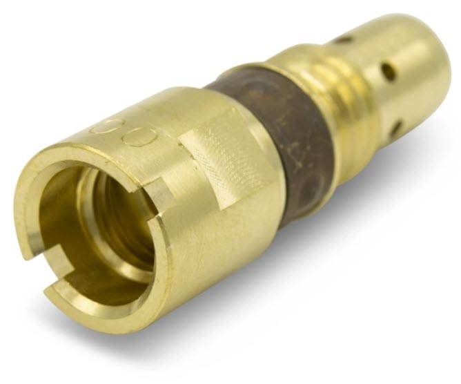 Brass nozzle component with threaded base and perforated tip