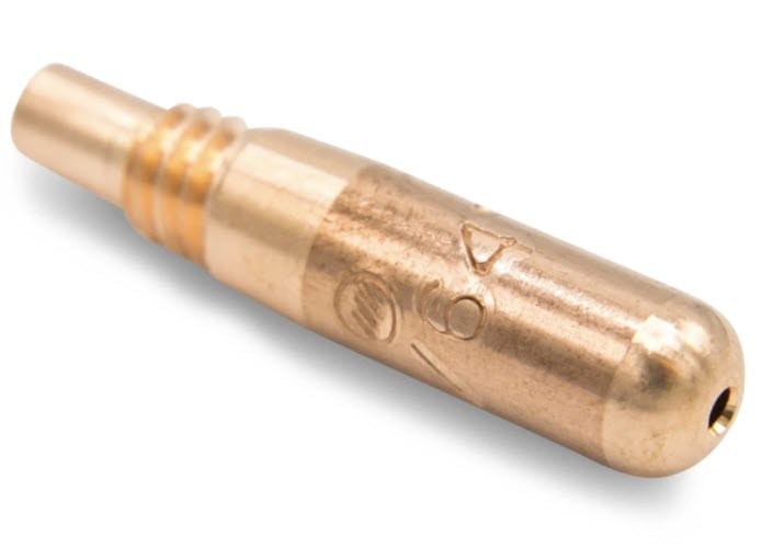 Copper welding contact tip with threaded end and small nozzle opening