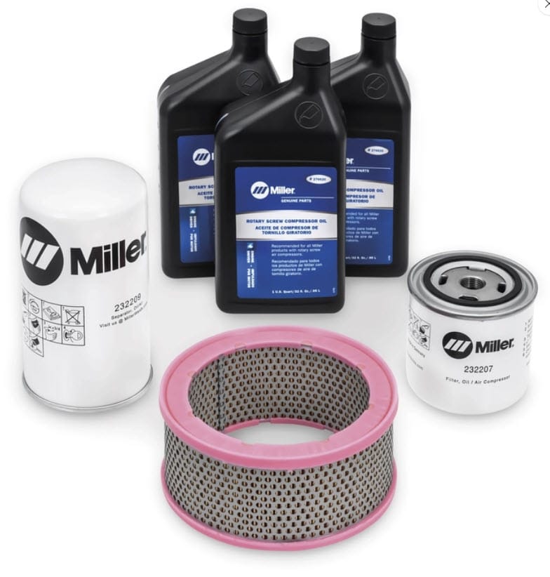 Miller rotary screw compressor maintenance kit with oil bottles and filters