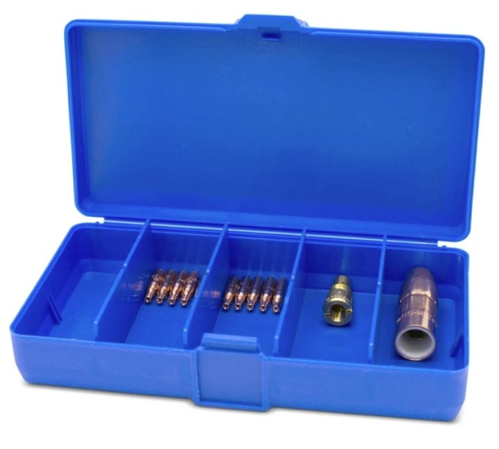 Blue plastic storage case containing welding contact tips and nozzles