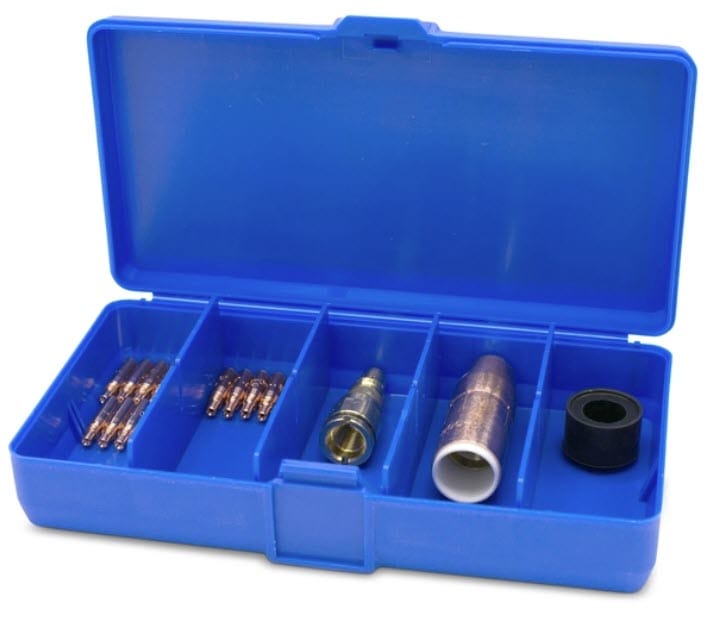 Blue plastic storage case containing welding torch consumable parts