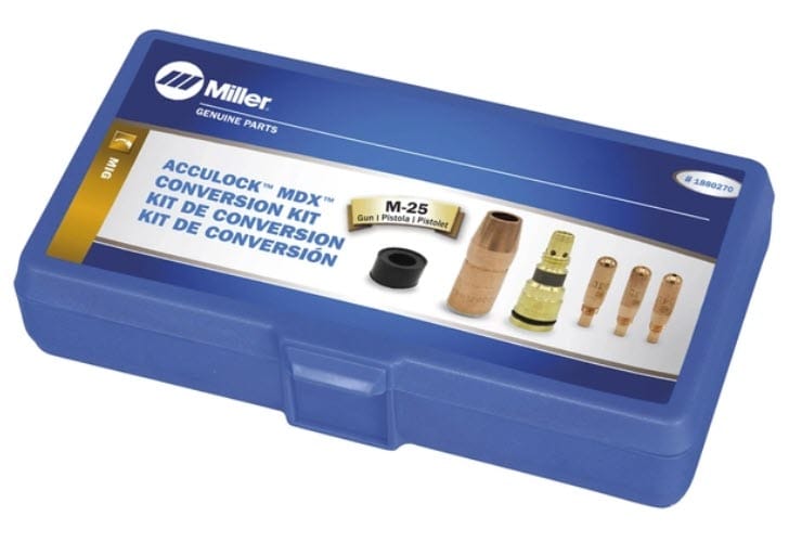 Miller Acculock MDX MIG conversion kit in a blue plastic storage case