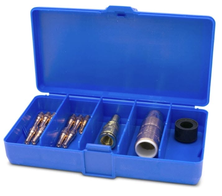 Blue plastic storage case containing assorted metal welding torch nozzles and components