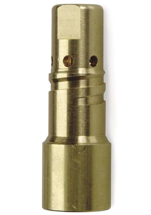 Brass welding contact tip with cylindrical body and small side holes