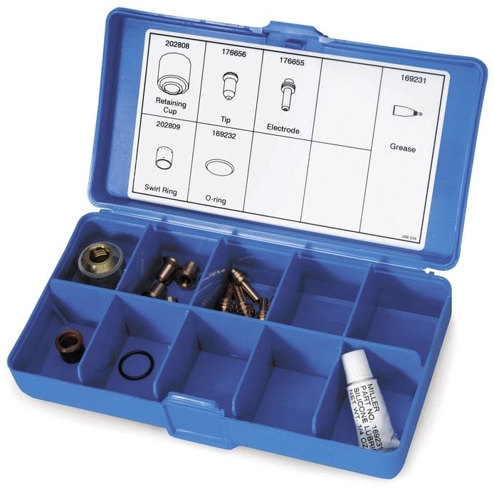 Blue plastic storage case containing plasma cutter consumable parts and silicone lubricant