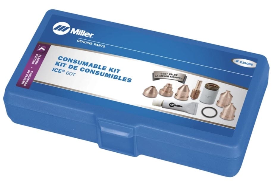 Miller plasma cutter consumable kit in a blue plastic case