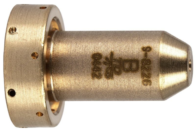 Brass plasma cutting nozzle with engraved part number 9-8226