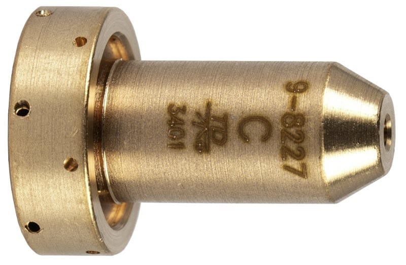 Brass plasma cutting nozzle with engraved part number 9-8227