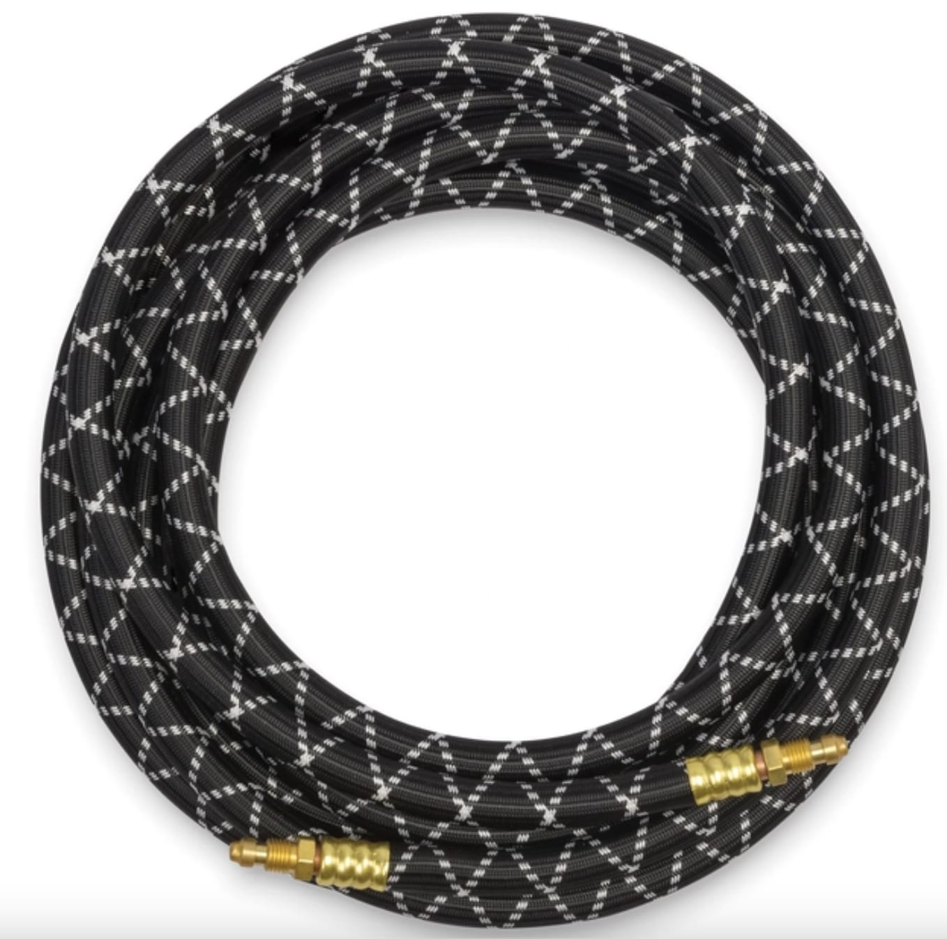 Coiled Weldcraft black braided hose with white diamond pattern and brass fittings