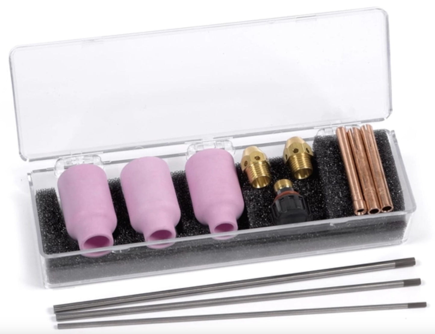 Weldcraft TIG welding torch accessory kit with ceramic cups, brass collet bodies, and tungsten electrodes