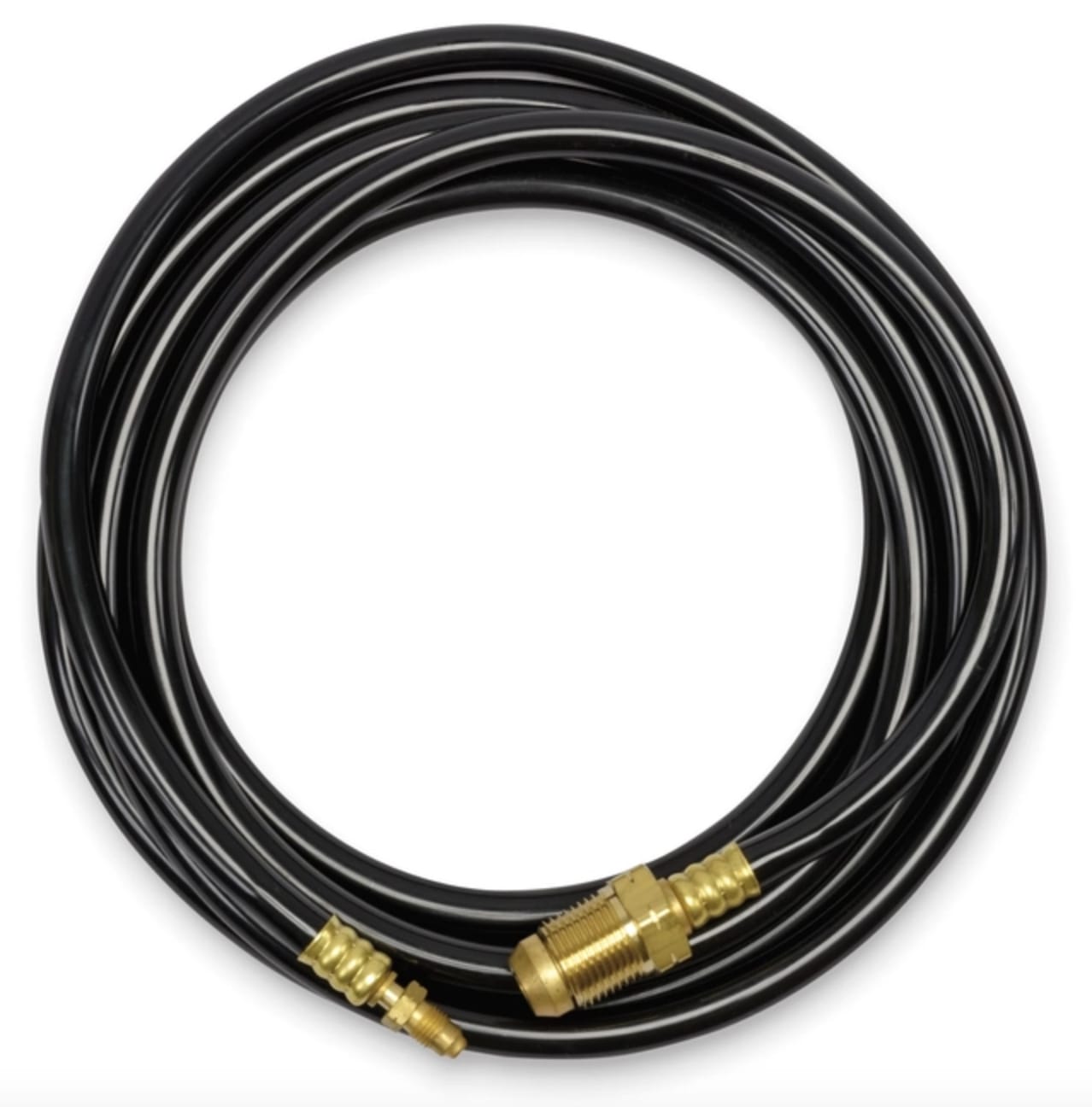 Weldcraft black rubber hose coiled with brass fittings