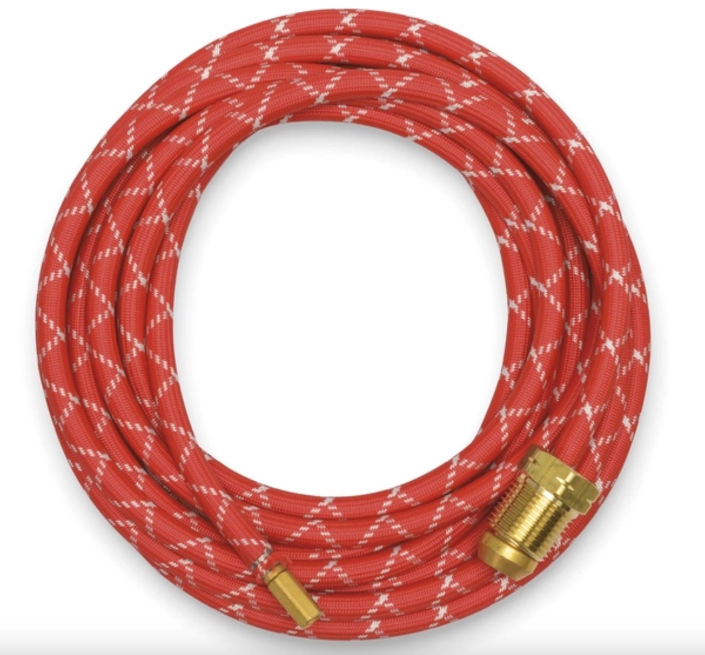 Weldcraft red and white braided welding hose coiled with brass fittings