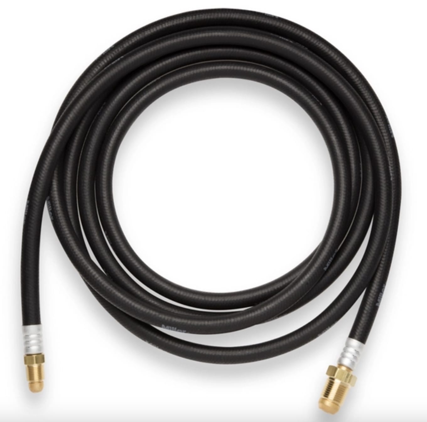 Coiled black Weldcraft gas hose with brass fittings on both ends