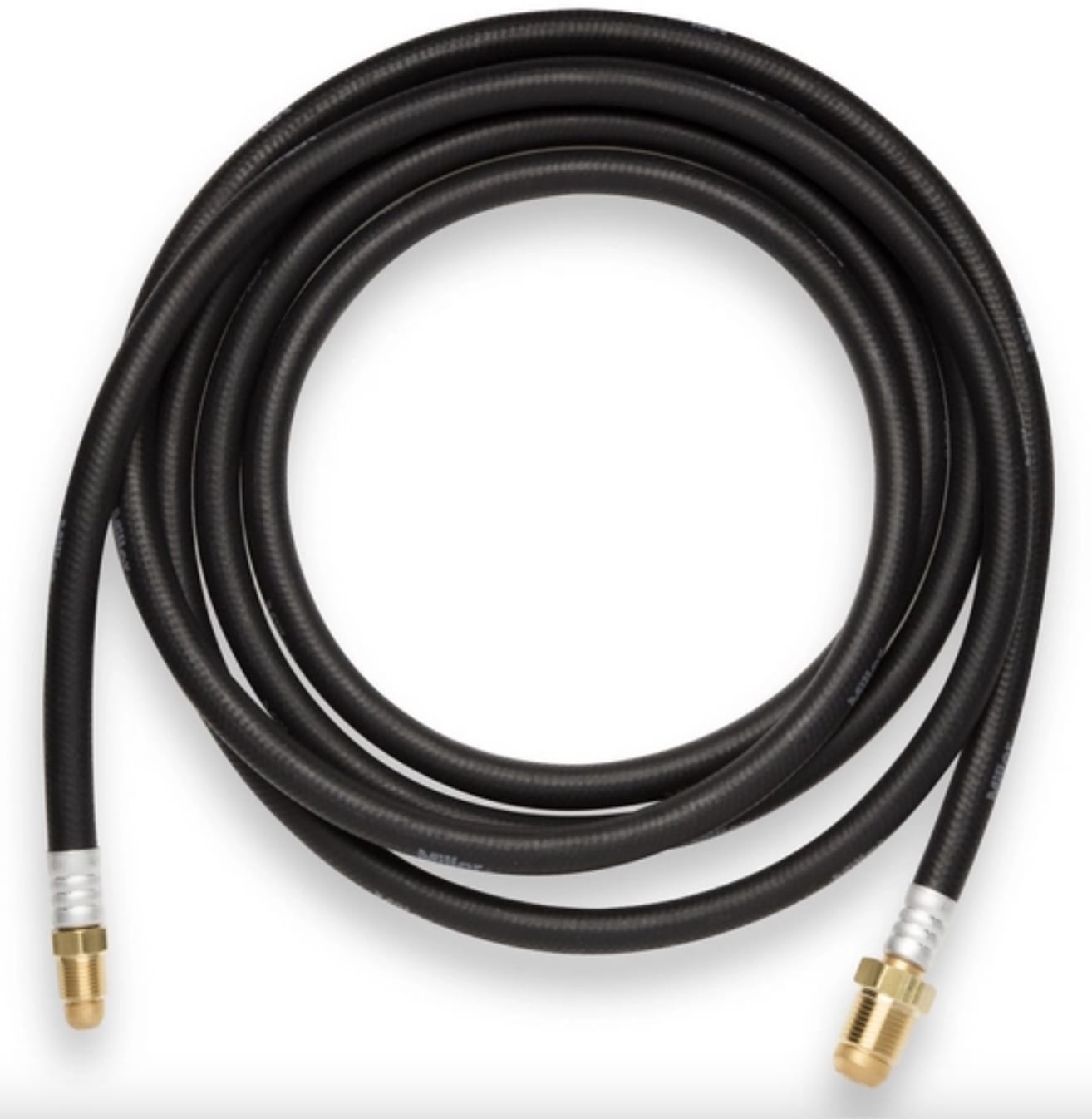Weldcraft black gas hose coiled with brass fittings on both ends