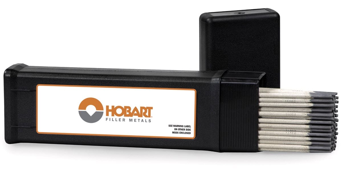 Hobart filler metal welding rods in a black plastic storage container