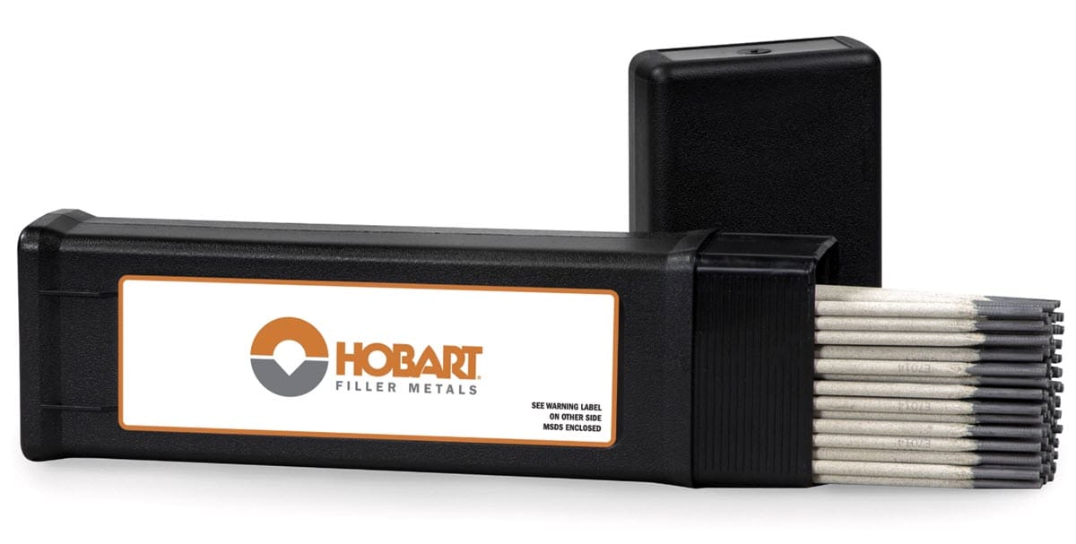Hobart filler metal welding rods in a black plastic storage case