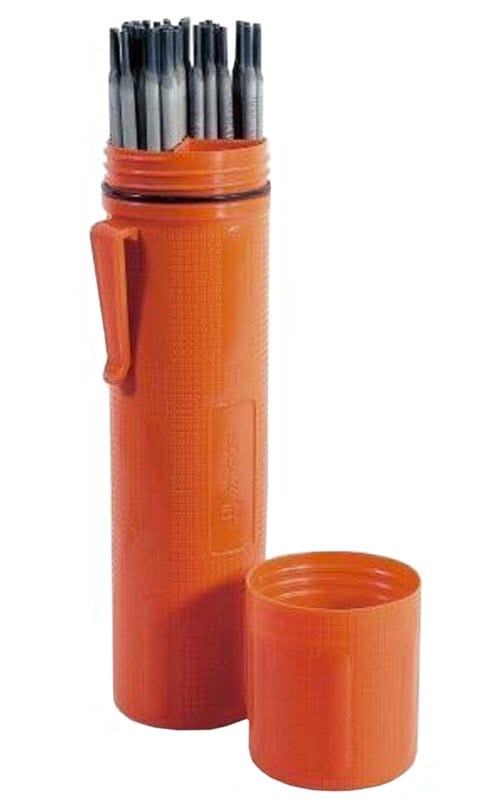 Orange plastic welding rod storage canister with rods inside