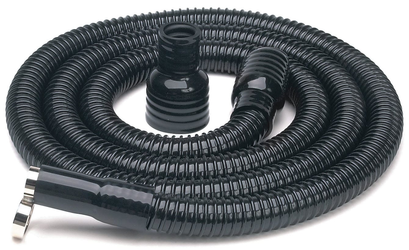 Black flexible vacuum hose with two connectors coiled on a white background