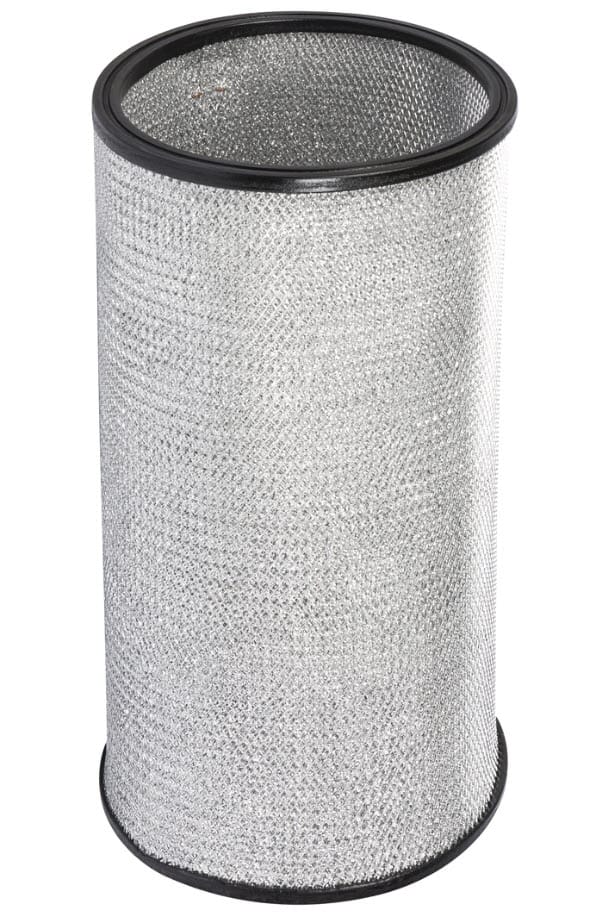 Cylindrical metal mesh air filter with black rubber rims