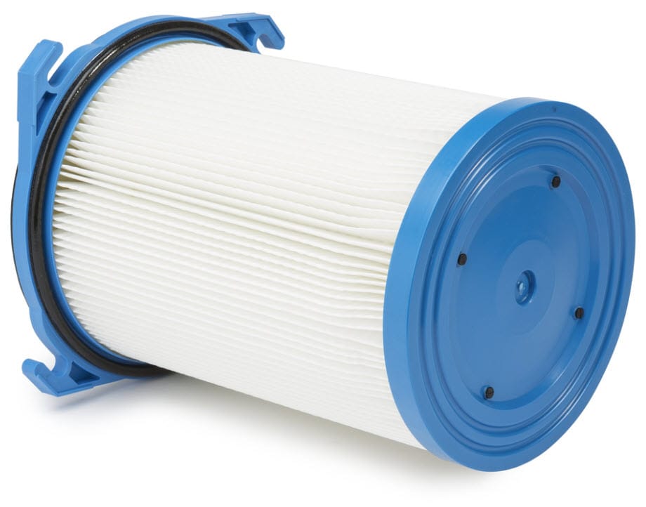 Lincoln cylindrical pleated air filter with blue plastic end caps and black rubber seal