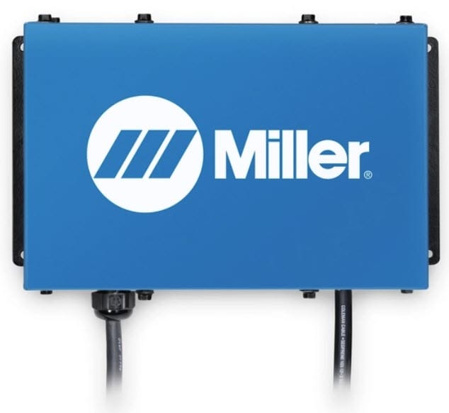 Blue Miller branded control box with two black cables extending from the bottom