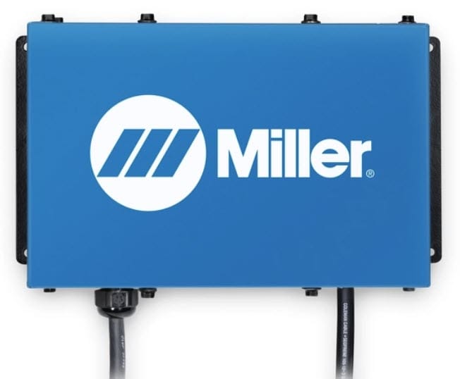 Blue Miller branded metal control box with two black power cables extending from the bottom