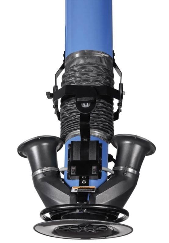 Blue industrial fume extraction arm with dual intake hoods and flexible bellows