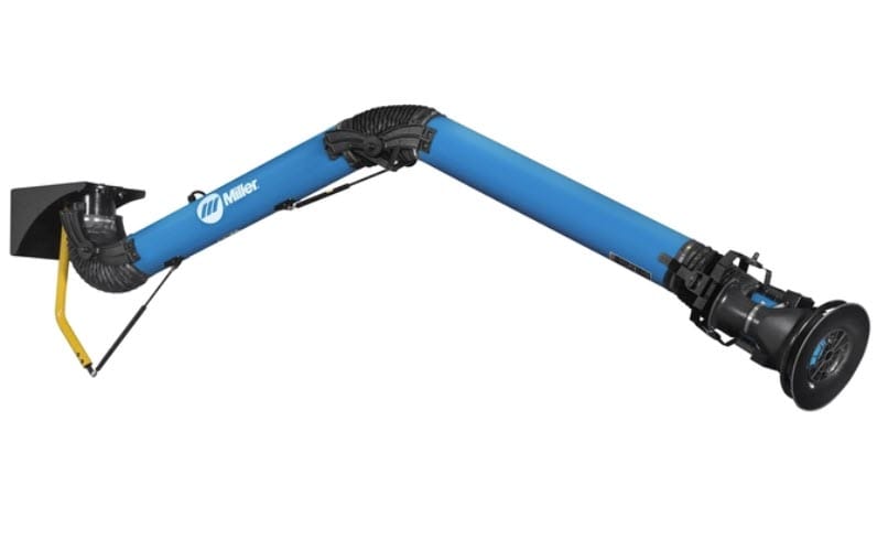 Blue Miller fume extraction arm with articulated joints and black nozzle